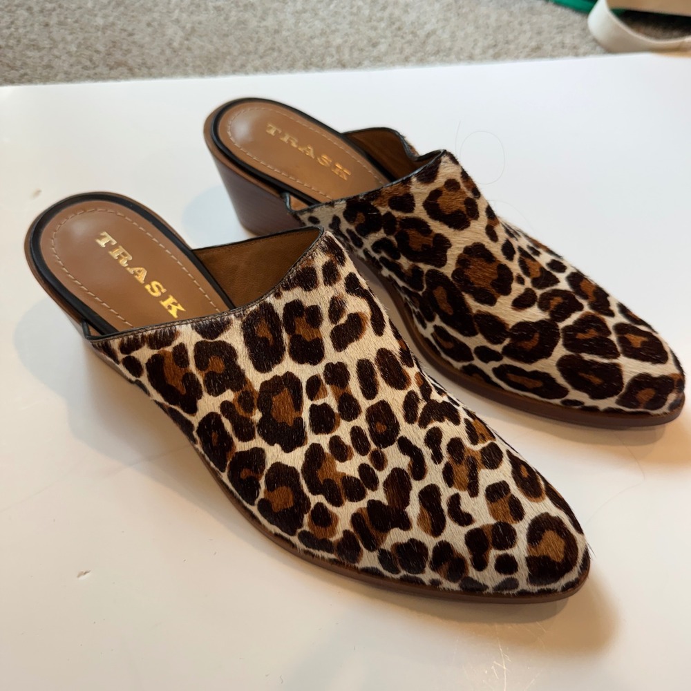 Trask Leopard Print Calf Hair Mules Pointed Toe Block Heel Slides Womens 9M